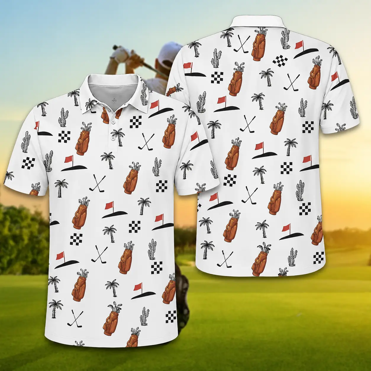 Retro Golf Pattern Polo Shirt for Men Vintage Short Sleeve Casual Golf Polo