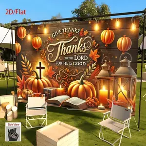 1pc 2D Flat 2D/Flat, Thanksgiving Party Backdrop Banner - Vibrant Pumpkin & Lantern Design with "Give Thanks to the Lord for He Is Good" Text, Warm Fall Decor for Home, Office, Bar, Cafe, White