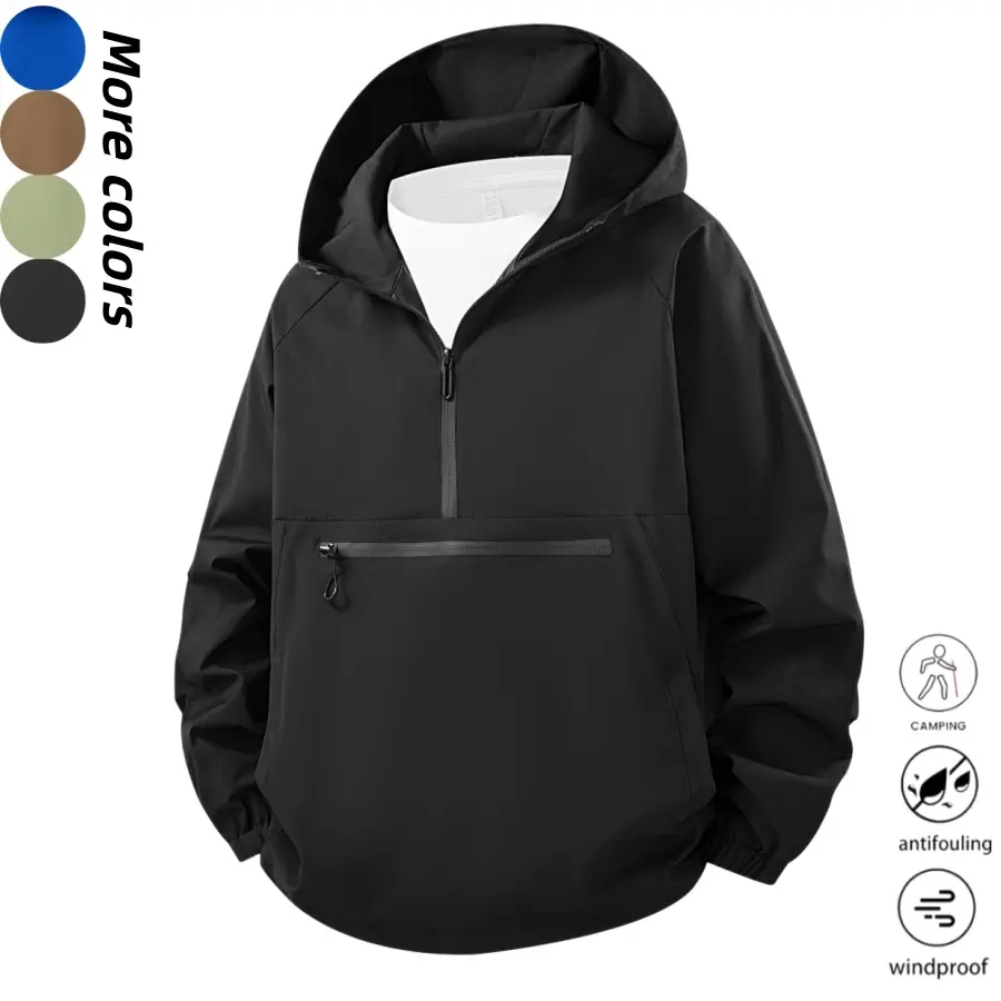 One men’s half-zip hooded jacket, minimalist casual style, kangaroo zippered pockets, elastic cuffs, suitable for outdoor activities, loose fit, a layering piece for everyday wear.