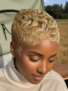 Short Human Hair Wigs Wave Pixie Cut Wigs for Women Machine Made Wigs for Daily Use