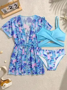 Tween Girl Tankini Bikini Set With Cover-Up Dress, 3-Piece Modest Swimwear For Summer Beach Holiday
