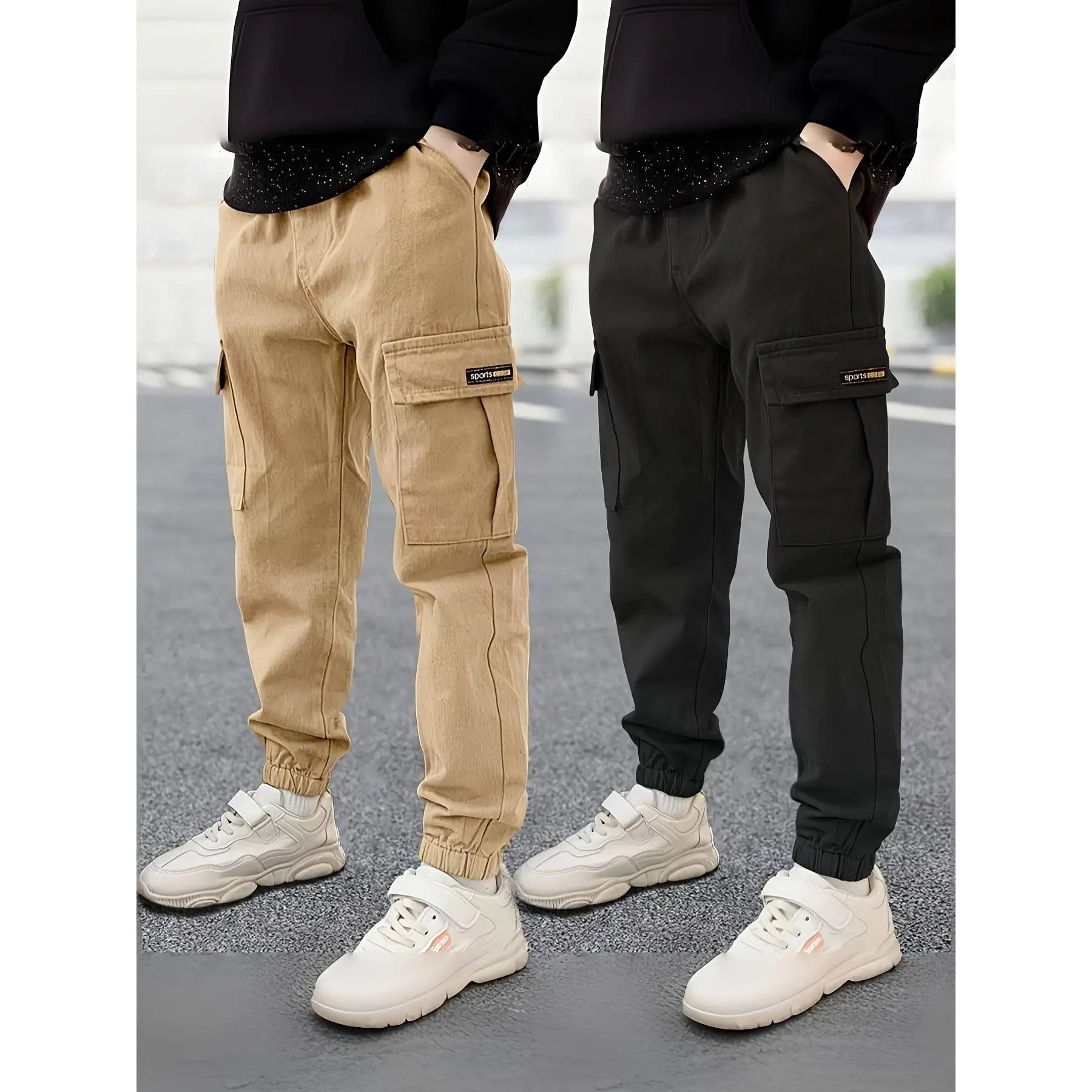 Boys' Cotton Full-Length Cargo Overalls, Loose-Fitting Athletic Casual Pants for Spring & Autumn, Comfortable Versatile Kids' Bottoms with Patched Pockets