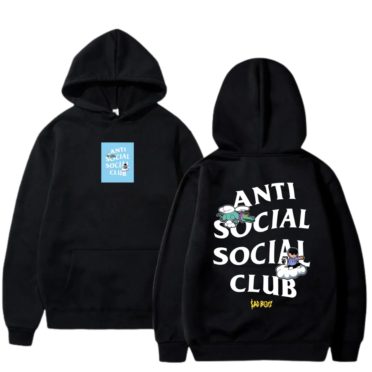 Sad Boyz Anti Social Club Hoodie, Cartoon Streetwear Hoodie, Y2K Graphic Pullover, Oversized Vintage Hoodie, Casual Unisex Sweatshirt for Men Women