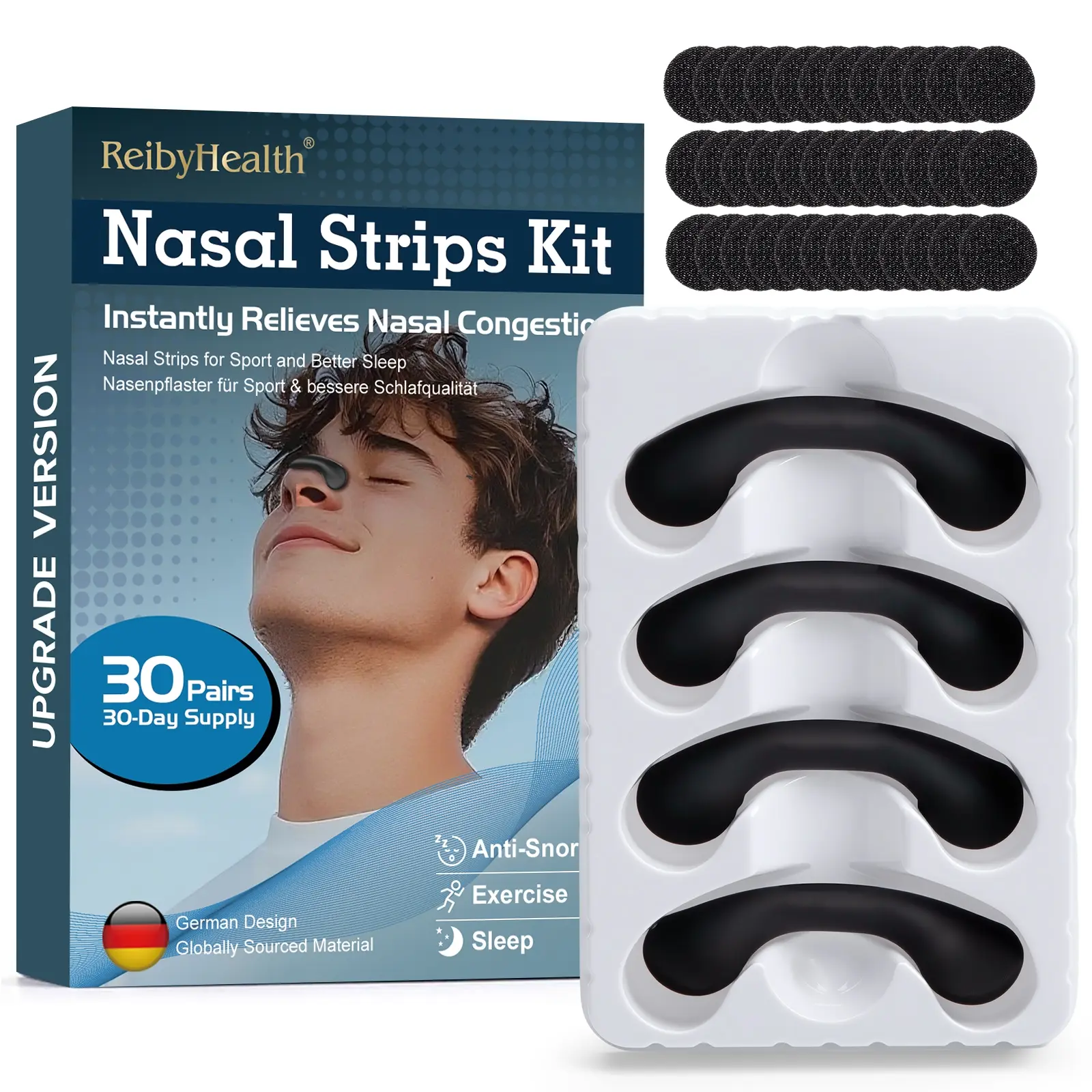 Nasal Strips Starter Kit, Reusable Band + Tabs, Anti Snore Devices for Sleep, Anti-Snoring , Breathing & Sport, Upgraded Design gentle adhesion Nose Strip, Effective Nasal Congestion Relief Anti Snoring Devices, 2 Size, 60 Tabs, 30 Day set
