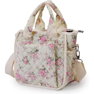 Small Floral Quilted Tote Bag for Women, Cute Crossbody  Purse with Pockets, Everyday Handbags