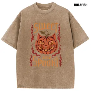 Holafish Sweet and Spooky Acid Washed Shirt Women's Casual Graphic Tee Crew Neck Short Sleeves Comfortable Cotton Top - Everyday