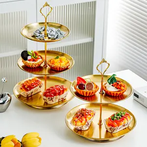 Three layer golden cake rack dessert table display layered paper cup cake rack water fructose donut tray service tower tray platter (gold)
