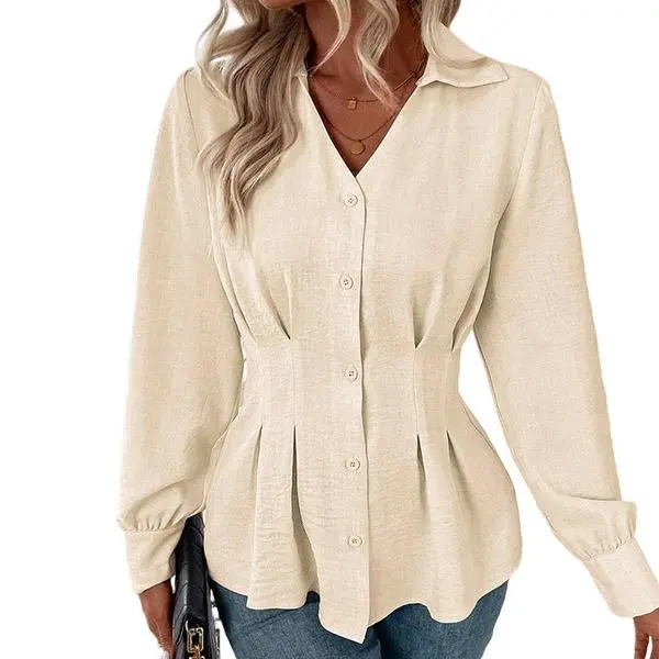 Flamingals Solid Pleated Button Front Long Sleeve Shirt for Women - Stylish & Comfortable Design Casual Womenswear