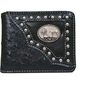 Praying Cowboy Western wallet Ostrich pattern short bi-fold concho and studded faux leather with religious theme wallet.