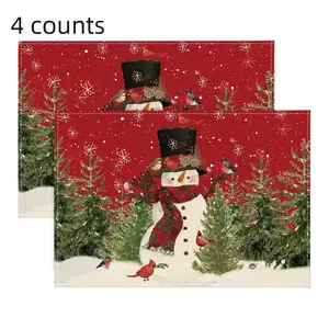Snowman Pattern Table Mat, 4 Counts Seasonal Winter Bird Country Rustic Washable Table Placemat, Christmas Table Decoration for Home Kitchen Dining Room