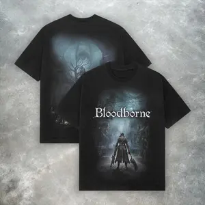 Bloodborne Hunter Graphic T-Shirt Vintage Streetwear Style Gildan 5000 Heavy Cotton Tee Premium Front and Back Print Game Merch Gift for Soulsborne Fans Gothic Horror Apparel