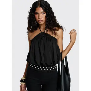 Mikki Tie Neck Button Detail Top Black