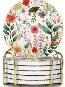 6 Pcs Cute Flower Drink Coasters with Holder Modern Ceramic Absorbent Coasters Decorative Coffee Table Coaster Set of 6 Decor Desk Vintage Coasters for Beverage Gift Colorful Floral Cup Tea Coasters Tableware