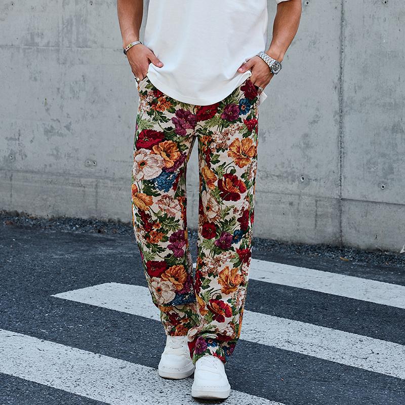 Men's straight-leg pants featuring a retro floral pattern, stylish aesthetic, elastic waistband with adjustable drawstring, loose straight-leg design for comfort and freedom of movement, suitable for everyday casual wear, comfortable active freedom
