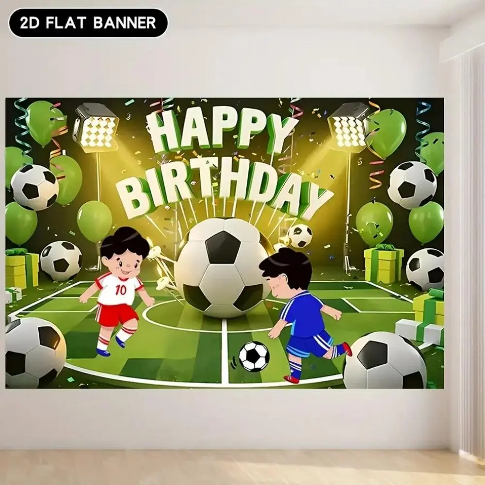 1PC Polyester Reusable 2D Flat Soccer-Themed Birthday Banner, Children's Party Decoration Backdrop with Cartoon Football Players on Field Scene, Home Festive Wall Decor