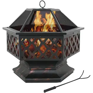 SuperDeal 24" Hexagon Wood Bronze Finish Steel Fire Pit