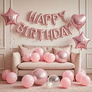 1 Set Pink Balloons for Birthday Decoration, Balloon Decorations, Balloon Garland, Featuring a Pink 'Happy Birthday' Banner, Star-Shaped And Heart-Shaped Foil Balloons, Along with Confetti Balloons, Perfect for First Birthday Party Supplies