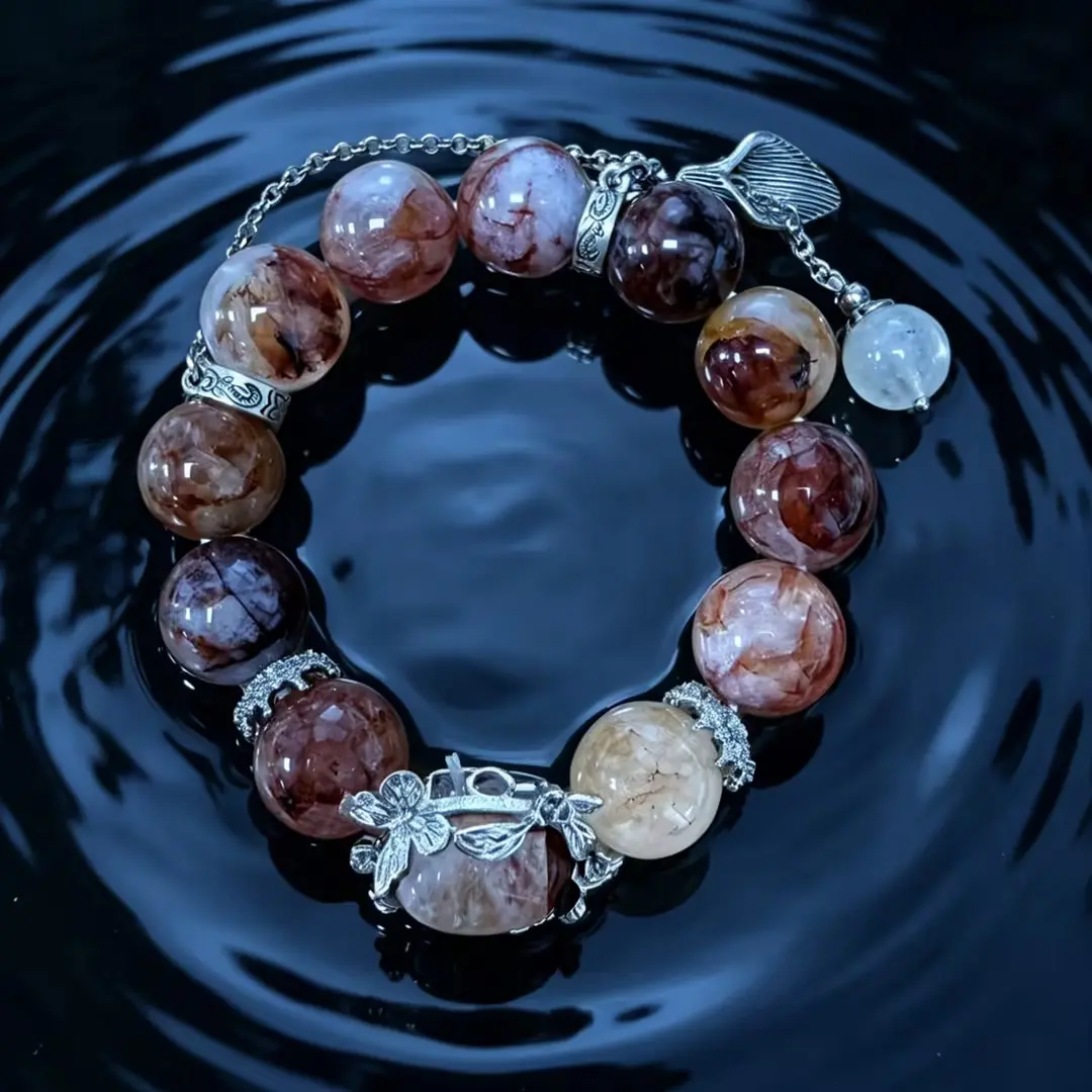 Fire Quartz Beaded Bracelet with Silver Floral Accents; Red Hematoid Quartz Adjustable Chain Bracelet; Vintage Fire Quartz & Silver Leaf Charm Bracelet; Natural Fire Quartz Beaded Bracelet with Clear Quartz Drop