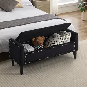 47" Velvet Storage Bench, Upholstered Bed Bench with Storage, End of Bed Ottoman with Wooden Legs, Bedside Storage Bench for Bedroom, Living Room, or Entryway