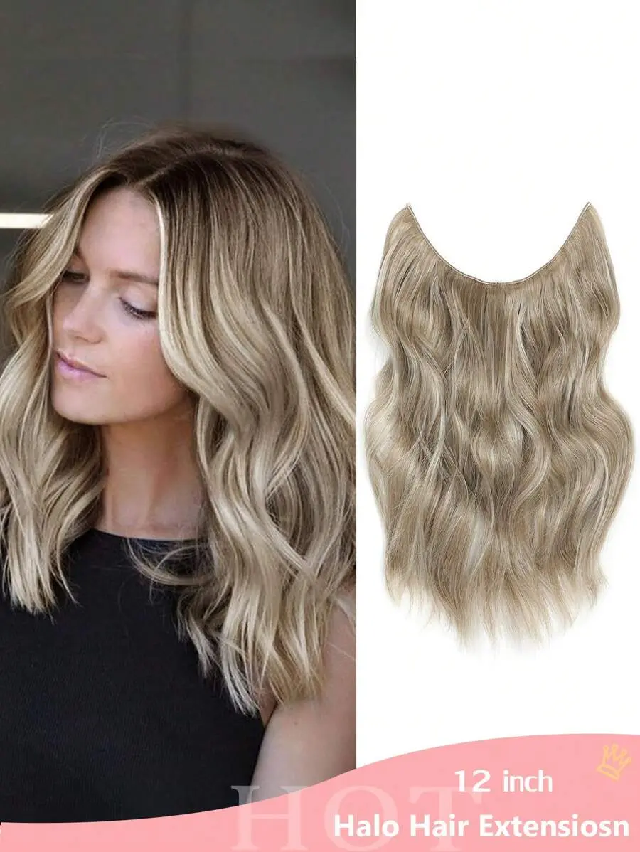 Halo Hair Extensions 12 Inch Invisible Wire Hair Extensions Adjustable Long Wavy Hair Extensions Synthetic Clips In Hairpieces-Ash Brown Highlights