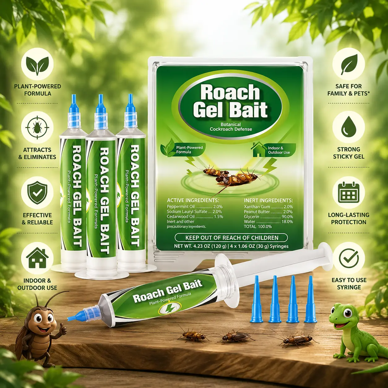 Cockroach Gel Bait Indoor, 120g Roach Bait, 4 x 30g Precision Syringes, Botanical Essential Oil Blend with Peppermint and Cedarwood, for German Roaches, Kitchens, Cabinets, Under Sinks