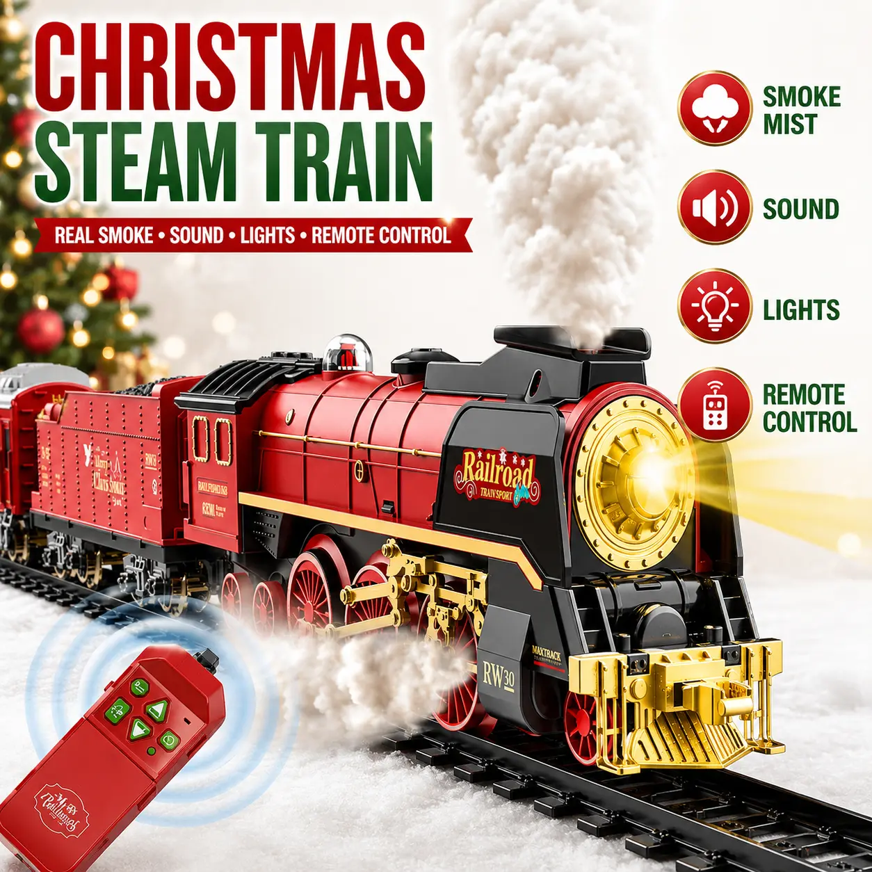 Electric RC Controlled Remote Control Model Christmas Tracked Train & Railway Set - Rechargeable Battery, Smoke Effect, Whistle Sound, Lights, Indoor Transportation Holiday Decoration Gift for Kids, 1200Mah