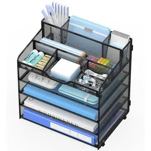 5 Tier Mesh Desk Organizer, Multi Functional Letter Paper Tray with 3 Pen Holders and 5 Adjustable Storage Compartments for Office Supplies Files Mail, Space Saving Black Desktop Organizer