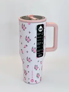 The HydroJug 40oz vacuum flask with a flip-style straw lid is perfect for staying hydrated all day long. It's a portable vacuum flask, drinking cup, and kitchen accessory that's suitable for bottled water. It features a pink rose pattern. outdoorfun
