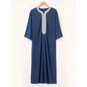 Men's Navy Blue Arab Kaftan - Short Sleeve Maxi Dress with Contrast Trim, Retro Style, Polyester Fabric, Machine Washable, Gift for Eld, Gift for Ramadan