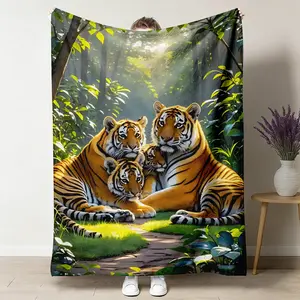 Tiger Family Flannel Throw Blanket, Realistic Wildlife Forest Soft Cozy Warm Blanket, Statement Piece for Bedroom Living Room Sofa, Gift for Him Her Animal Lovers, Nap Blanket for Office, Majestic Nature Rustic Home Decor