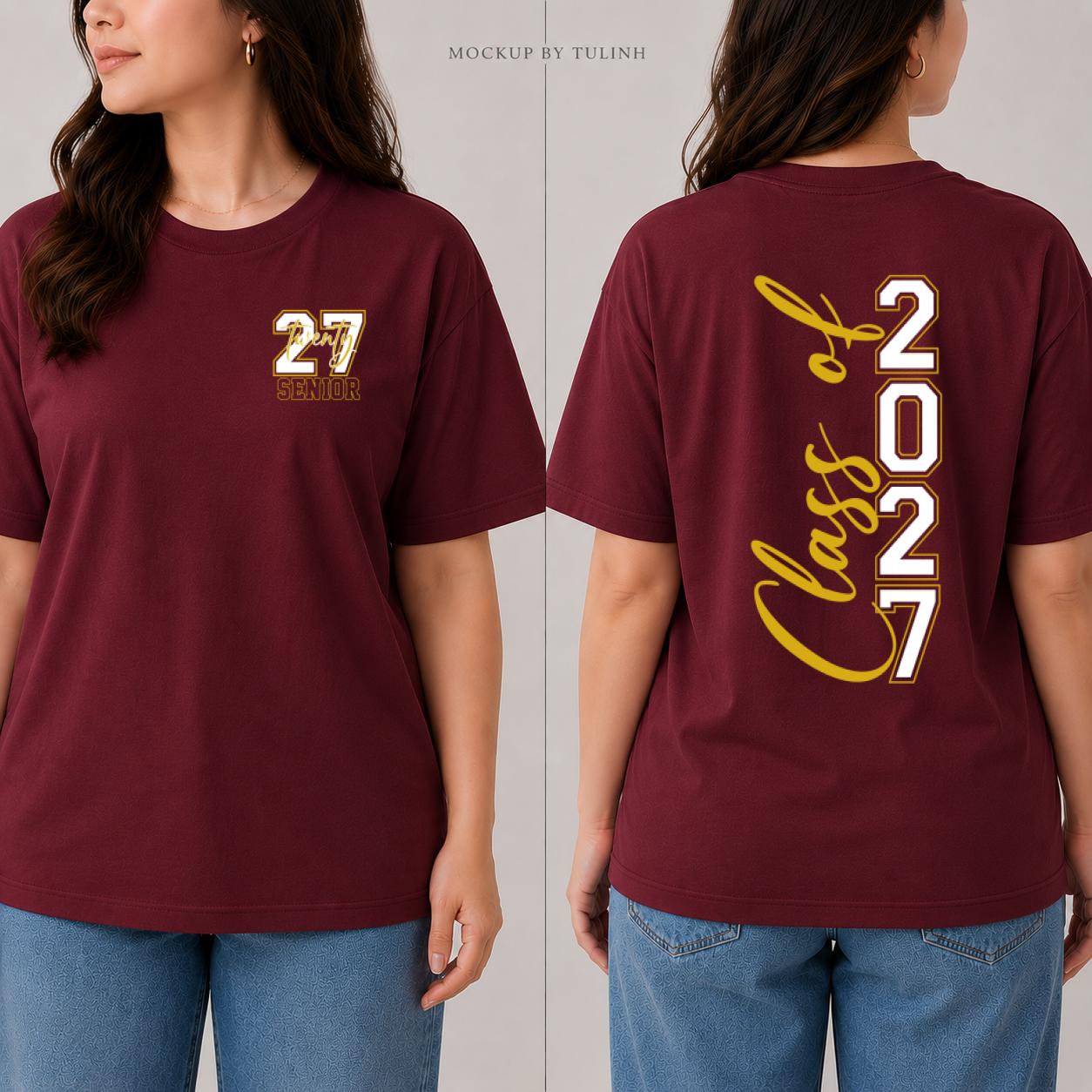 Senior 2027 2-Sided T-Shirt, Class of 2027 Coquette Bow Graphic Tee, High School Senior Graduation Shirt