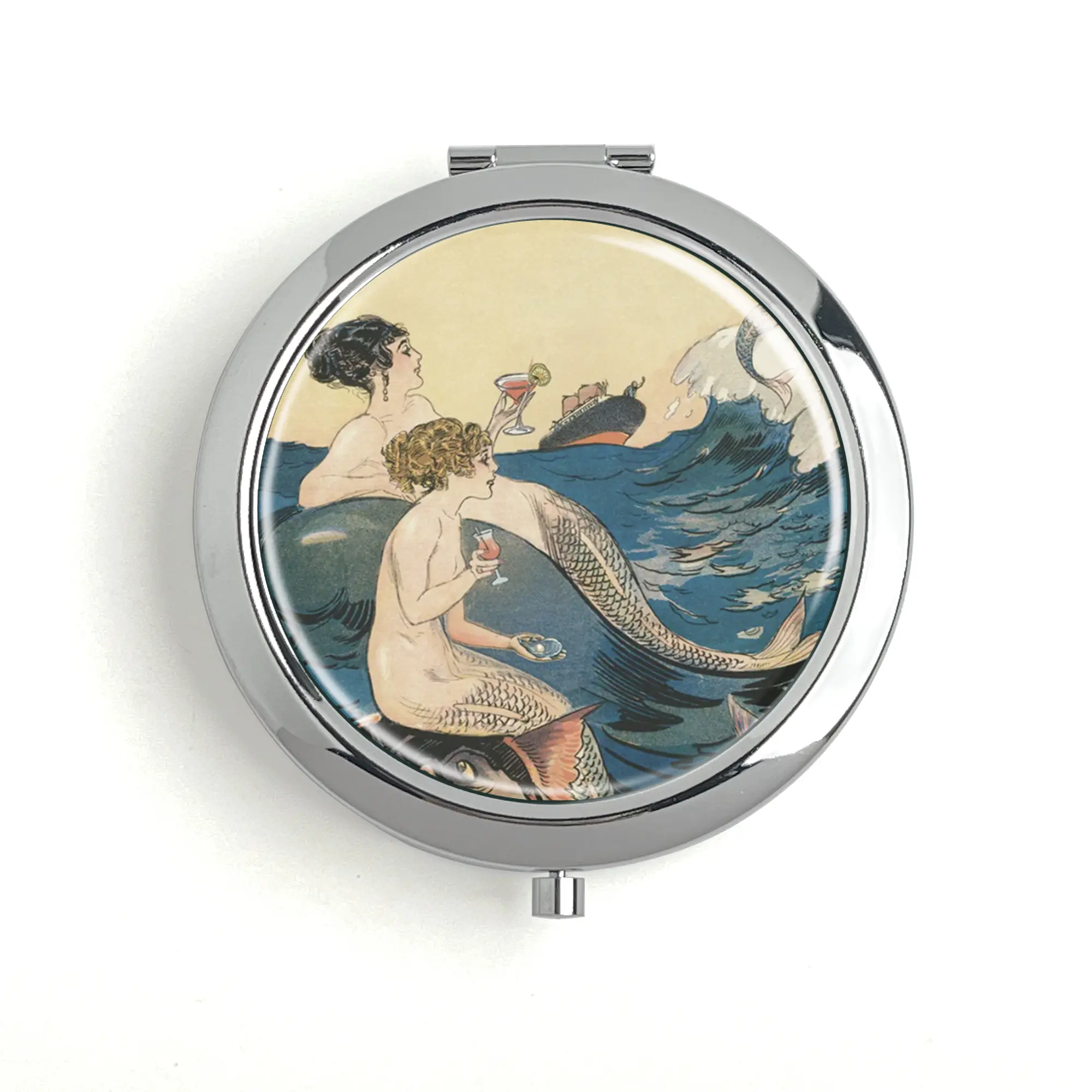 Art Nouveau "Mermaids Drink Free" Metal Pill Box - Travel Vitamin Organizer with Built-in On-the-Go Makeup Mirror, Unique Design, 60mm Inner Diameter