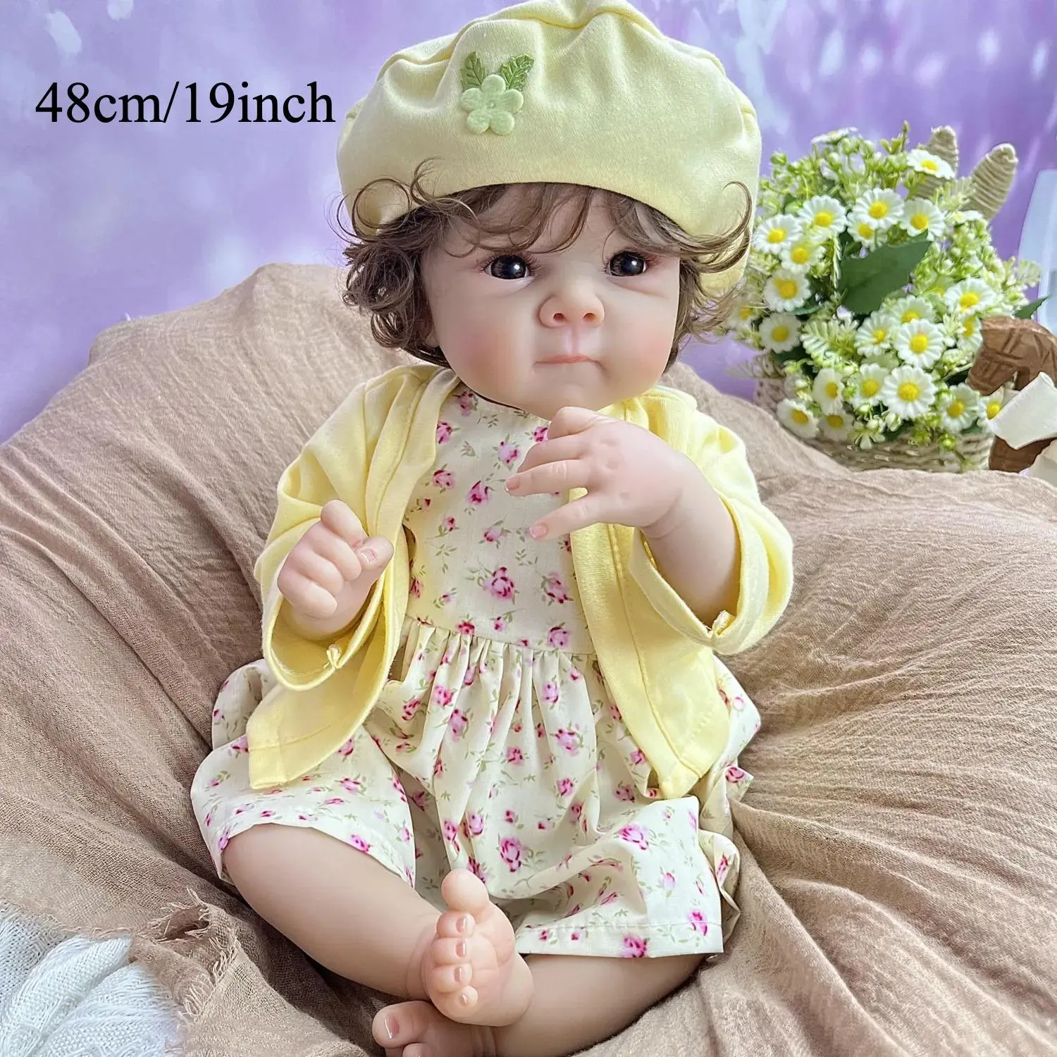 TopLink Phthalate-Free Unisex 19 Inch (48cm) Collectible Baby Doll Toy - Vinyl Limbs, Cloth Body, Curly Brown Hair, Includes Clothes Set, Pacifier, Feeding Bottle, Birth Card, Ideal for 4-6 Years Kids' Birthdays, Memory Training, Collectibles, Cloth&Vinyl
