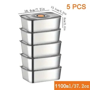 5-Piece Stainless Steel Rectangular Food Storage Containers with Lids, Sealed Leak-Proof Stackable for Salad Lunch Box Meat Fruit Veg