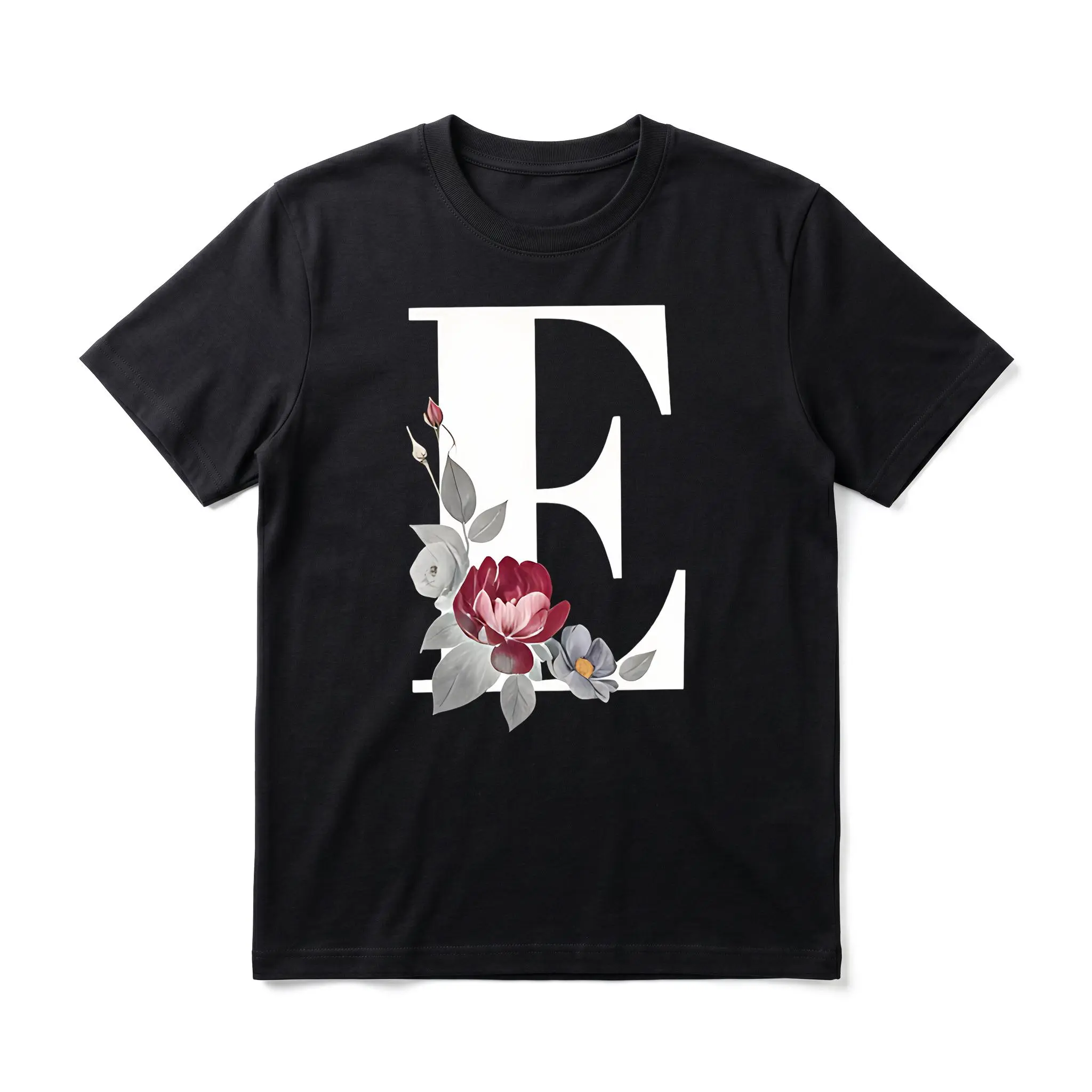 Men's Short-Sleeve Floral Letter Initial Print Crew Neck T-Shirt - Black Vintage Streetwear Casual Top, Elegant Trendy Gift for Men