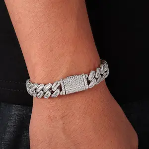 12mm VVS Moissanite Cuban Link Chain 925 Sterling Silver VVS Diamond Bling Iced Out Women Two Stone Necklace