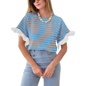 Women's Striped Ruffle-Sleeve Round Neck Tshirt, Casual Fit Basic Summer Outfit Top, Multiple Colors Casual Womenswear Top