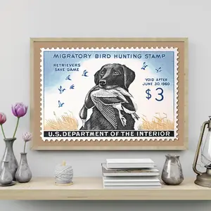 Vintage Duck Stamp Poster, Hunting Dog Art Print, Retro Labrador Retriever Wall Decor, U.S. Department of the Interior Memorabilia