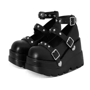 EROCALL  Women's Gothic Platform Mary Jane Pumps Adjustable Studded Ankle Strap Round Toe Wedge Lolita Shoes Uniform Party Dress Shoes