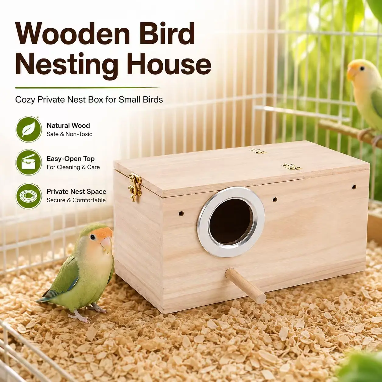 Paulownia Wood Parakeet Nesting Box with Anti-Chew Metal Ring, Secure Side Latch, Ventilation Holes & Perch, Cozy Easy-Clean Bird House for Budgies, Lovebirds, Parrotlets, Finches & Canaries, Indoor Cage Use