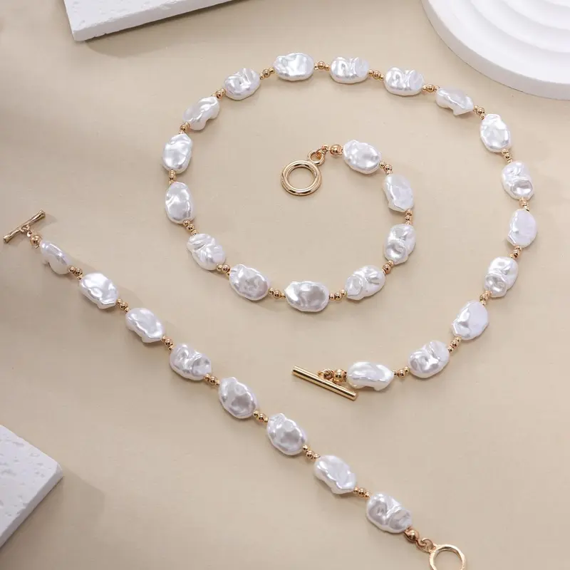 Women's Elegant Faux Pearl Decorative Jewelry Set, 2pcs Fashion Baroque Style Faux Pearl Beaded Necklace and Bracelet, Sweet Versatile Accessories for Girls, Great Gift Idea