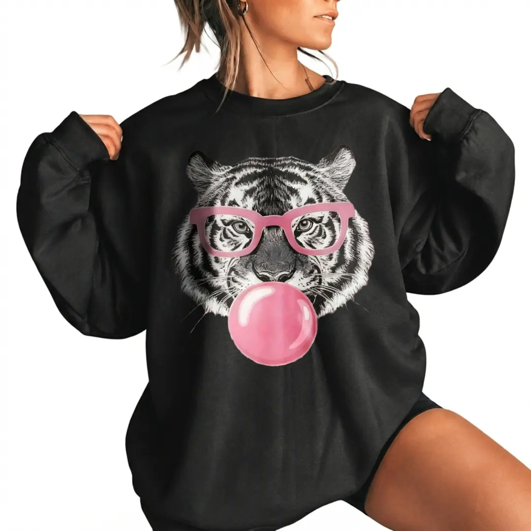 Trendy pink glasses tiger bubblegum sweatshirt, aesthetic preppy tiger graphic crewneck, cute animal fall pullover, Gildan long sleeve top
