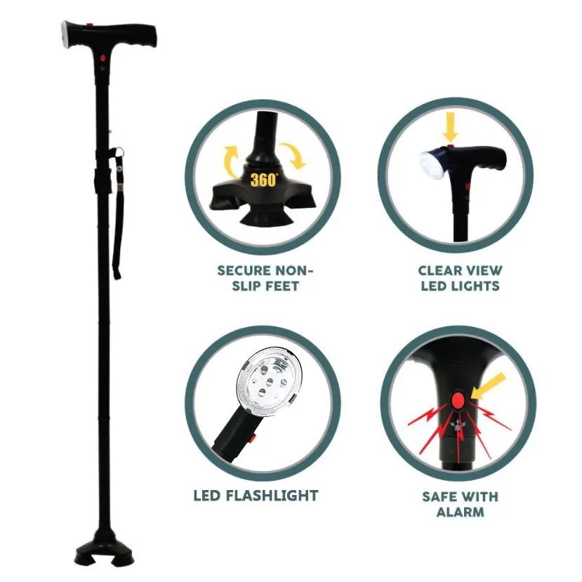 Unisex Height Adjustable Foldable Hiking Stick Cane - Aluminium, Carbon Steel, 13in, 5-Gear Settings, Adjustable LED Light, SOS Alarm, Handle Strap, All-Terrain 4-Wheel Base, 6 Months Durability, for Seniors' Travel & Hiking d2 Pole, Folding Stick