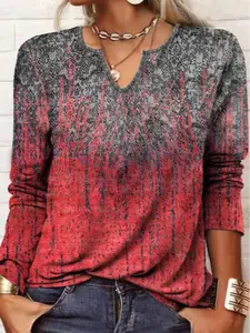 Plus Size Women's Casual V Neck Long Sleeve Spring Gradient Colorblock Print T-Shirt, Comfortable Stretchy Fabric Fit, Perfect for Daily Wear
