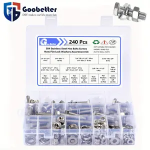240pcs Silver Hex Bolts And Nuts Assortment Kit, 1/4" 5/16" 3/8" Assorted Bolts Nuts And Washers Kit, 304 Stainless Steel Machine Screw Sets For Electronic Products Household Appliances Locks, Lamps, Lights, Toys