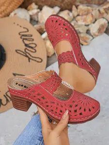 Women's Fashion High Heel Sandals, Summer, Closed Toe, Thick Sole, Slip-On, 6.8cm Heel Height, PU Leather, Rubber Sole, Solid Color Pattern, Shoe