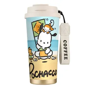 Pochacco Puppy Stainless Vacuum Insulated Thermal Flask - Portable Stylish Dual-Drink Coffee Tumbler with Lid, Strap, Handy Insulation, Ideal for Home, Weekend Trips