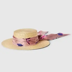 Pre-owned Gucci Raffia Wide Brimmed Hat Pink/Purple Ribbon Size Small