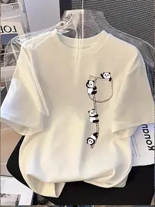 Women's Casual Round Neck Drop Shoulder Short Sleeve T-Shirt, Casual Comfy Fit, Cute Panda Pocket Print Top, Perfect for Daily Wear