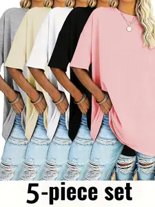 Women's 5-Pack Basic Solid Color Oversized T-Shirt Set, Summer Casual Loose Short Sleeve Tees, Multi-Color Combo